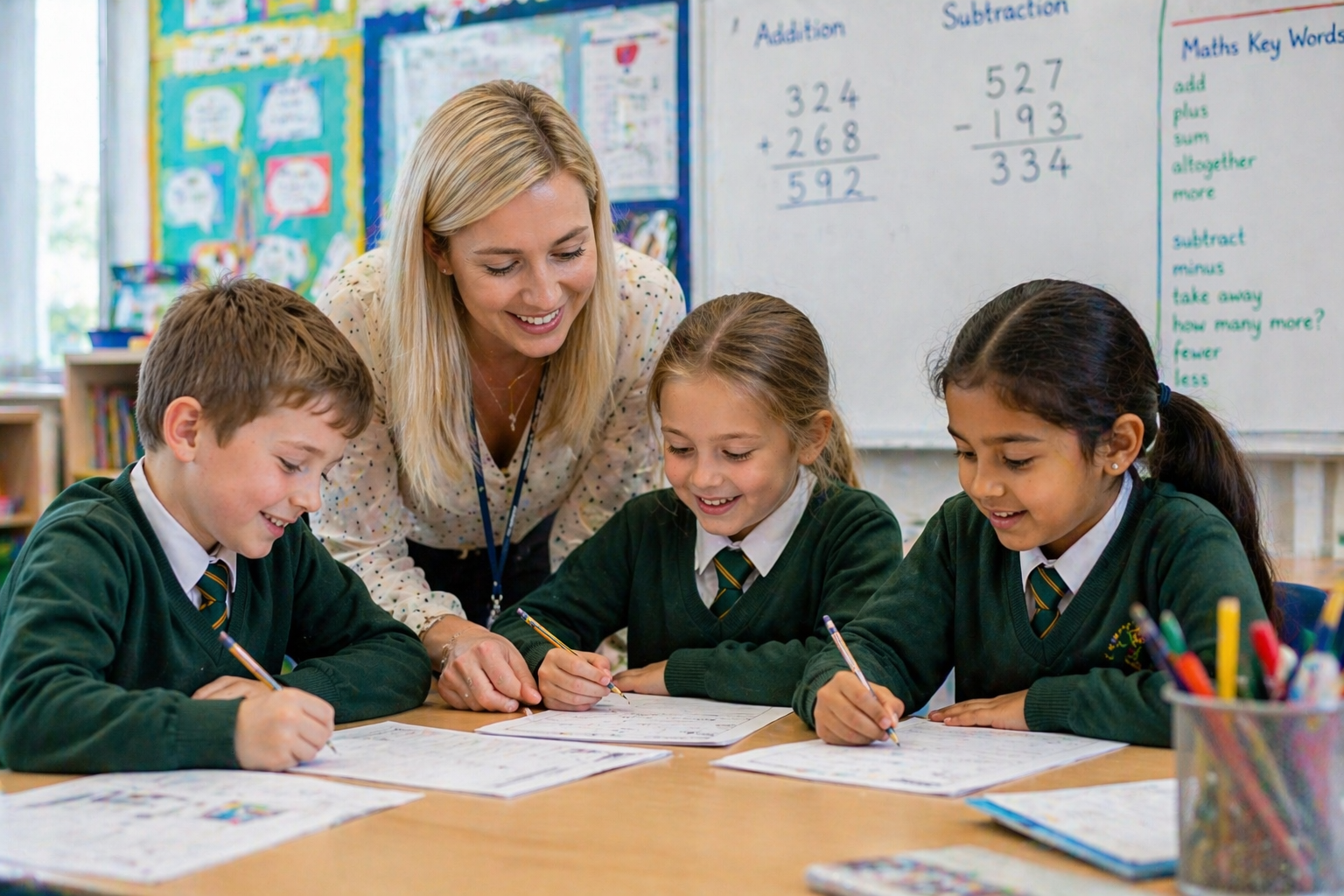 Primary school boy smiling at a whiteboard with maths problems